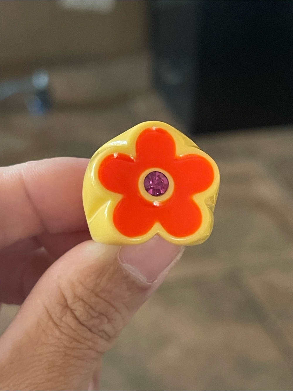 Bright Yellow Flower Ring with Orange Petals and Pink Gem